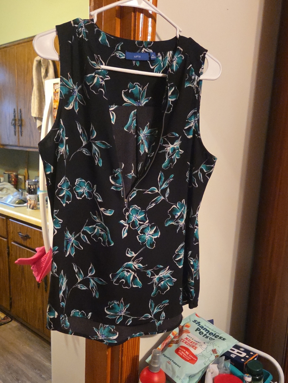 Apt. 9 Black Teal Floral Sleeveless Zip-Front Camisole Size Medium